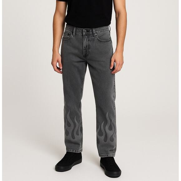 Hot Topic Flame Straight Leg Denim Pants Gray Black - Picture 1 of 8
